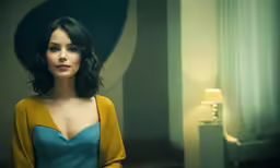 a woman wearing yellow and blue poses in front of a painting
