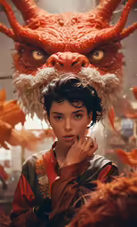 a person holding their chin near a fake red monster