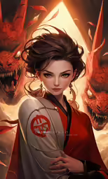 a girl is posing for a photo with two red demonic demonic demons in the background