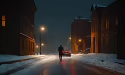 a man walking down a snowy street with snow covered street lights