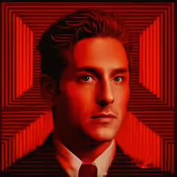 the man wearing a suit is staring up at a red arrow