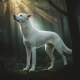 a white dog in the middle of a forest