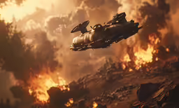an alien - like plane flying over a lava landscape in front of a fire