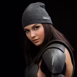 a woman in armor wearing an ear flap hat