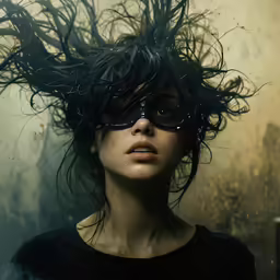 a woman in glasses with an umbrella over her head