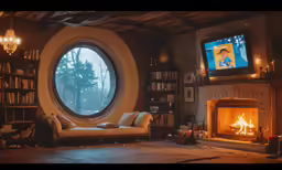 this living room has an arched window overlooking the forest
