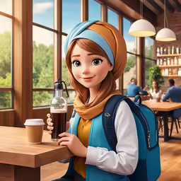 a young girl wearing a turban with a backpack holds a coffee cup