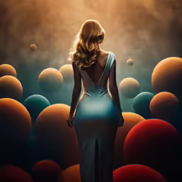 a painting of a woman standing in front of an abstract background
