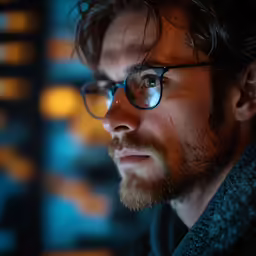 man wearing glasses looking out of window at night