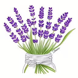 there is a jar filled with purple flowers,a drawing of a purple flower in a mason jar,the painting shows a jar with lavender flowers and green stems tied together,some purple flowers in a jar on top of a table,purple lavenders in a mason jar watercolor