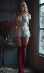 a woman wearing white lingerie and stockings