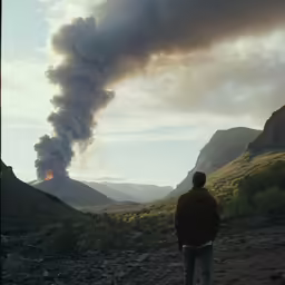man standing near barren mountain side with black smoke billowing out of the distance