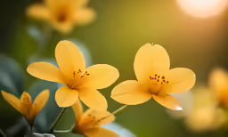 the yellow flowers are in bloom on the stem