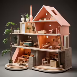 the architecture of this doll house is reminiscent of architectural details