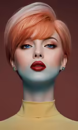 a woman with red hair, blue makeup and earrings