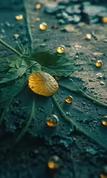 some leaves with drops of water and gold dust