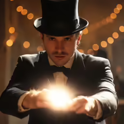 the man is looking at the light shining in his hands