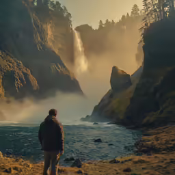 man standing in front of waterfall in the foggy mountains