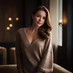 a women wearing a sweater and jeans poses for a photo