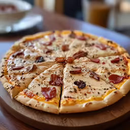 a pizza is on top of a wooden platter