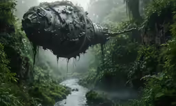 a strange device hanging from a branch in a jungle