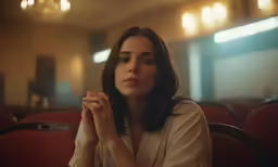 a beautiful woman with long dark hair sitting in a room with red chairs