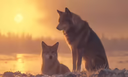 two dogs are sitting in the snow at sunset