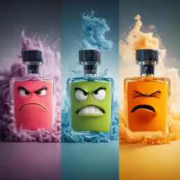 a bottle with a face drawn on it in four stages of change