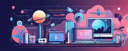 a graphic design of an electronic world and the words x - mas on the screen,a desktop computer, laptop, and other electronic items sit on a table