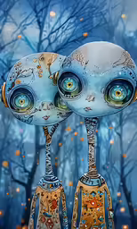 two surreal looking objects sitting in front of some trees