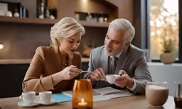 a woman in business attire and man with a glass on a plate looking at menu at a coffee shop