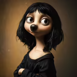 a close up of a doll wearing a black dress