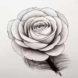 a black and white rose with feathers laying on it