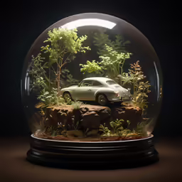 an illuminated globe with a white car in it
