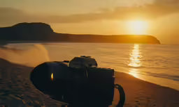 a camera that is sitting on a tripod on the beach