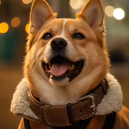 an extremely close up of a happy dog