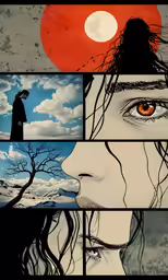 a poster with a red and blue sky