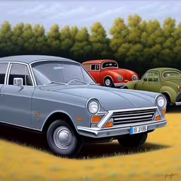 a painting of several vintage cars in an open field,a painting of a blue car and old red and green cars