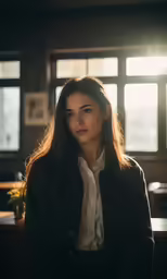 woman wearing black jacket in sunlight in home