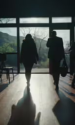 three people walking toward a large glass window