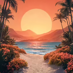 painting of the sun going down behind the mountains