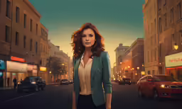 a woman standing in the middle of a city at night
