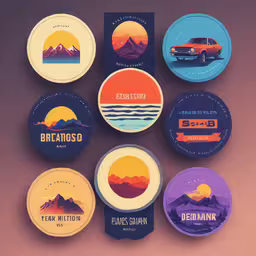 an assortment of coasters sitting next to each other,a set of eight colorful magnets on a surface
