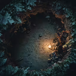a nightlight shines brightly into a hole made of rocks and tree branches