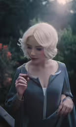 a lady wearing a dark dress and a hair comb