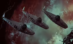 five space ships flying in the sky next to each other