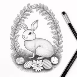 drawing of rabbit with flowers and leaves,a drawing of a rabbit with some flowers