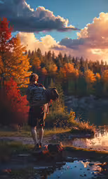 a person standing next to a river and holding a small dog
