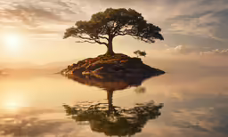 a lone tree sitting on top of a small island