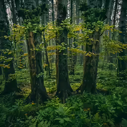 a forest filled with lots of trees next to tall green trees